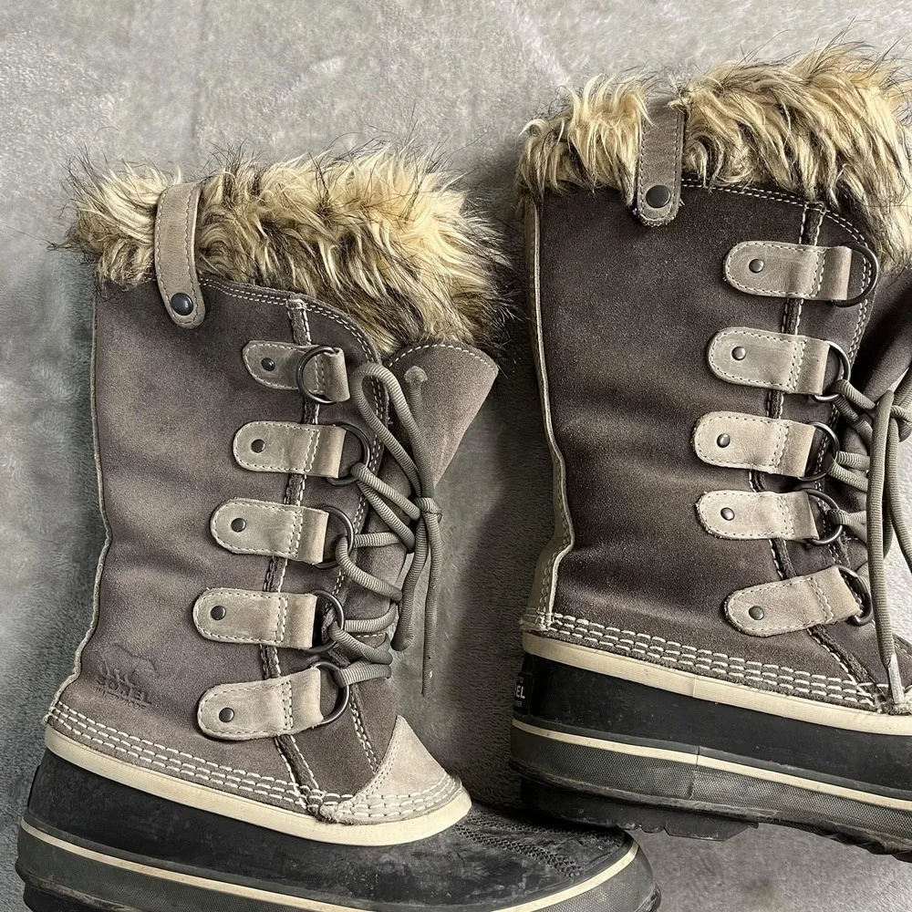 Sorel Joan Of Arctic Boots Womens Size 7 Brown Waterproof Faux Fur Snow Winter